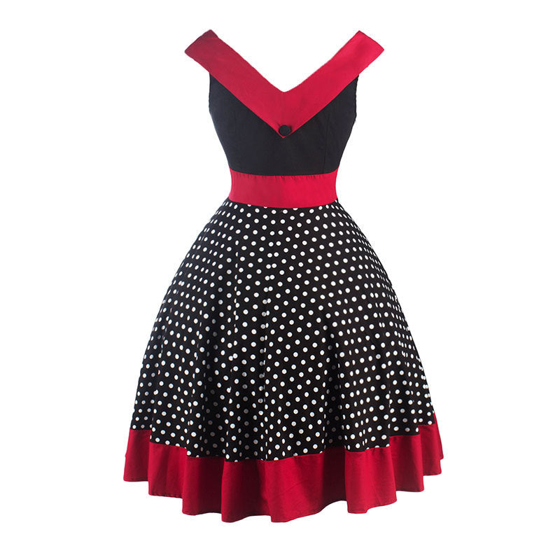 Hepburn Style Cap Sleeve Polka Dot Red Trim Dress