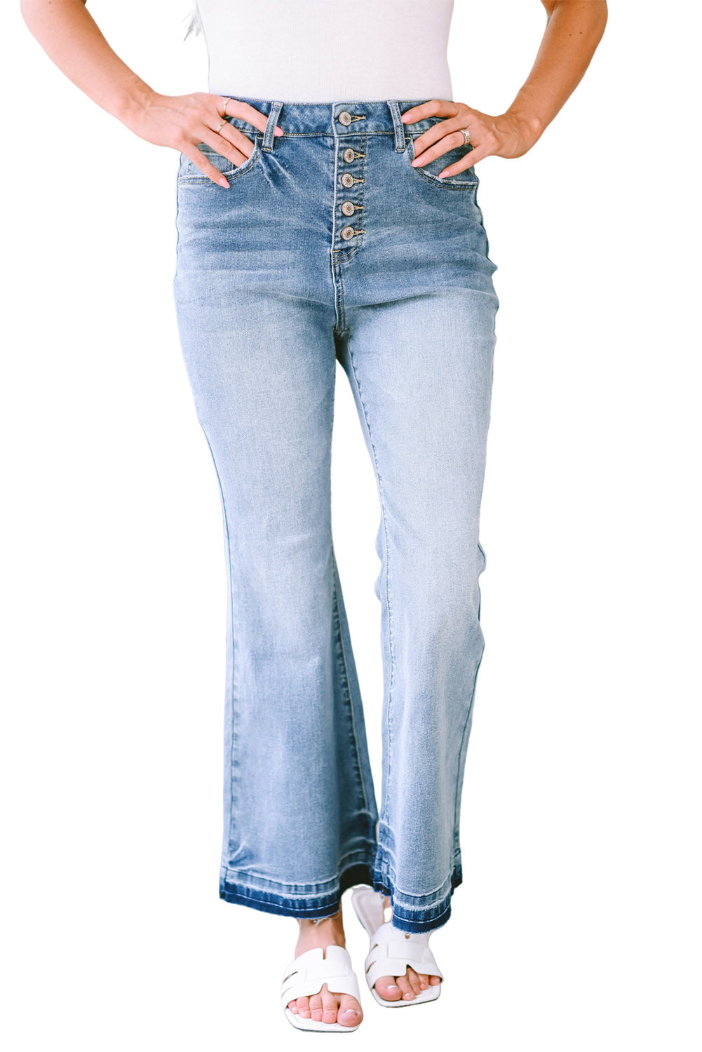 Sky Blue High Waist Buttoned Distressed Flared Jeans