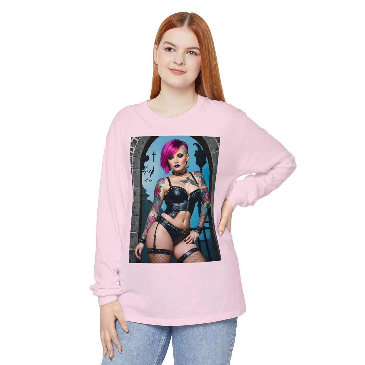 Goth Graveyard Girl Series - Design Six - Unisex Garment-dyed Long Sleeve T-Shirt