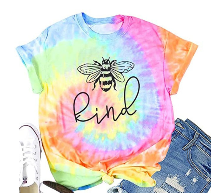 Tie Dye Bee Kind Bumble Bee Design Round Neck Short Sleeved Graphic Print Tee Shirt