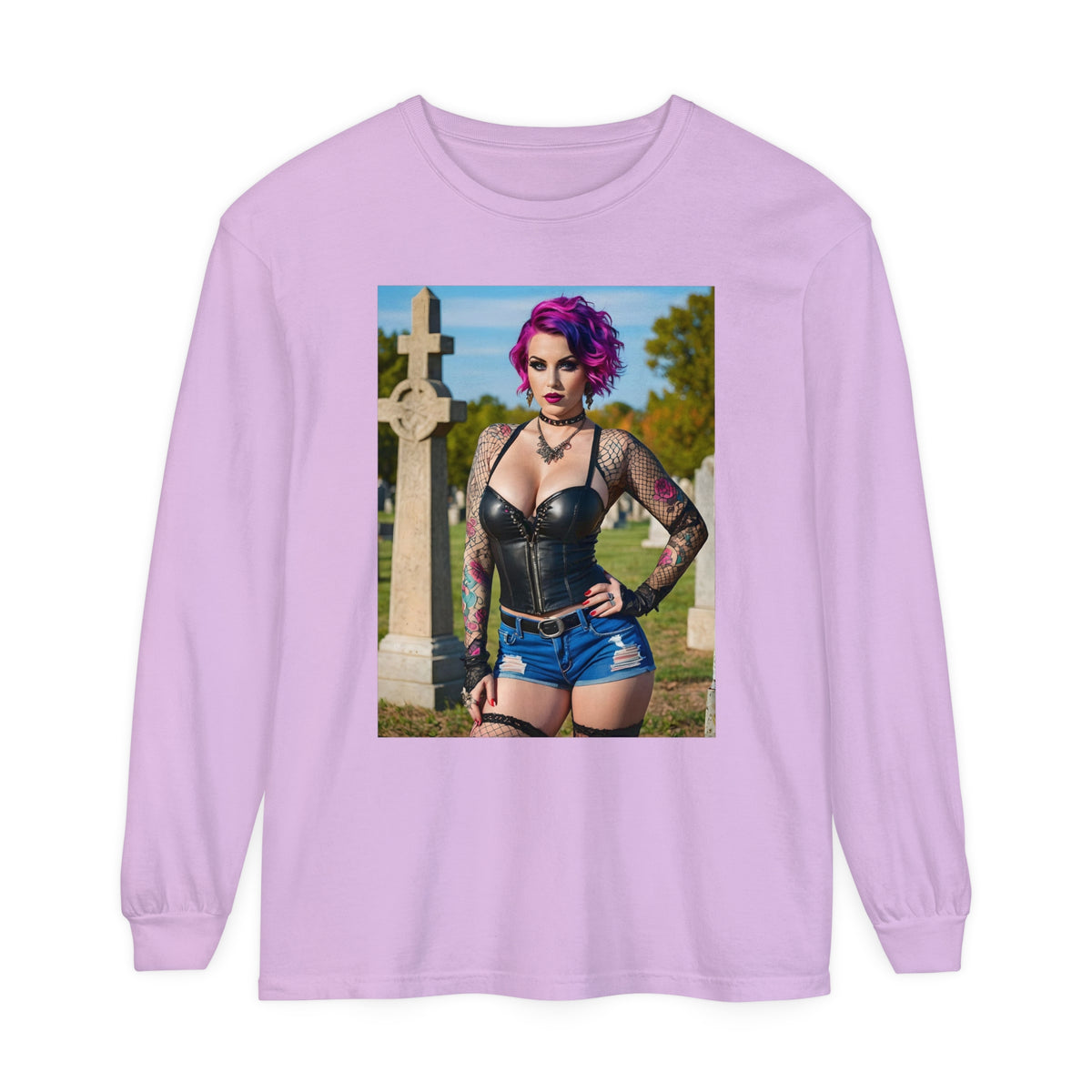 Goth Graveyard Girl - Design Fourteen- Unisex Garment-dyed Long Sleeve T-Shirt