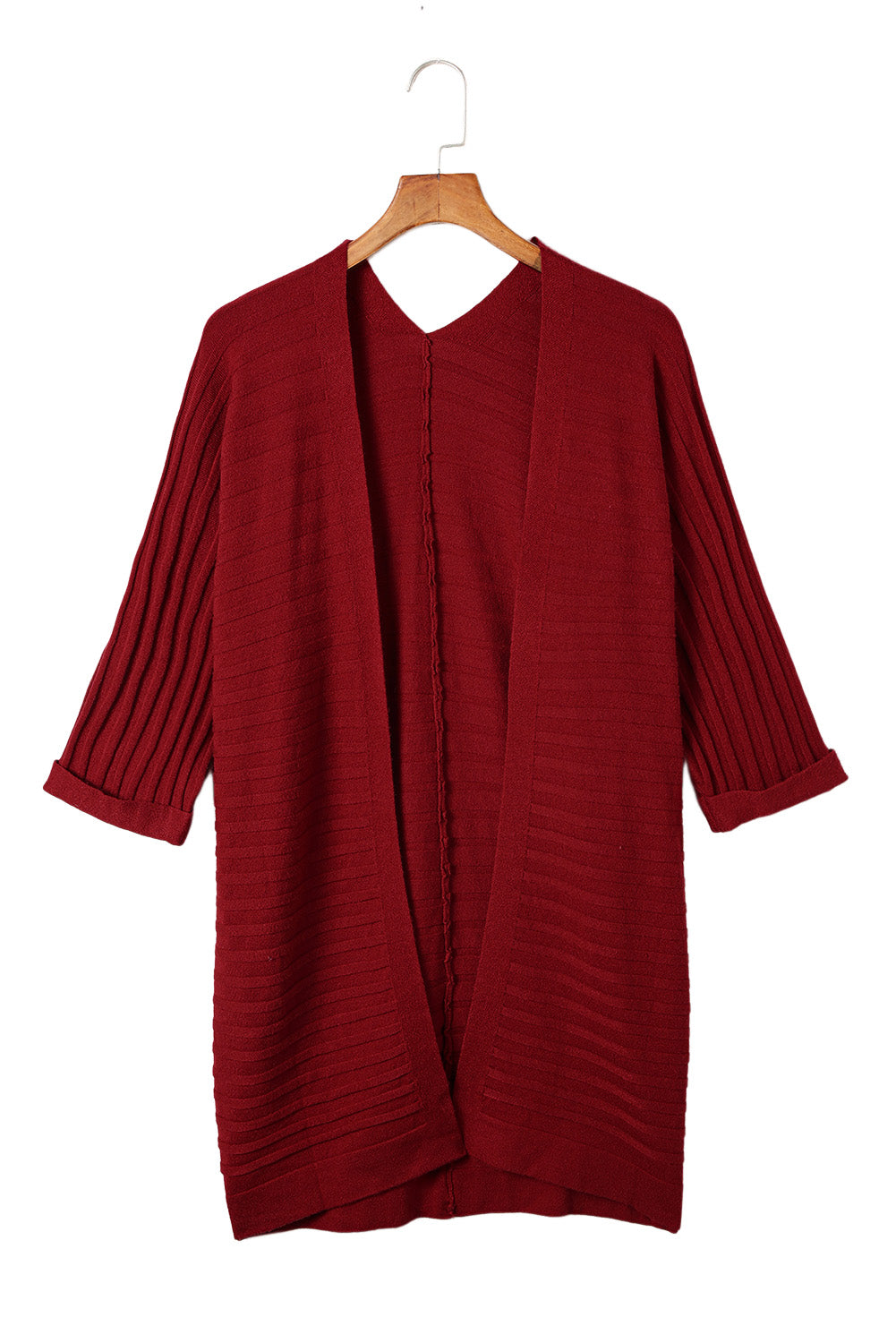 Red Ribbed Half Sleeve Open Front Knit Cardigans