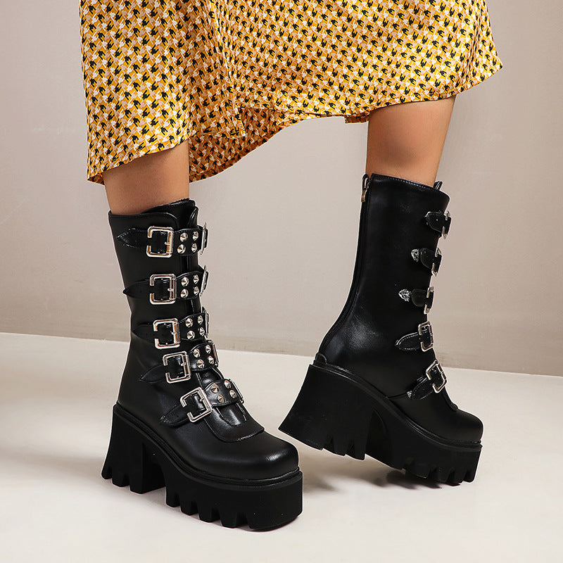 Punk Style Front Buckle Detail Regular Platform Women's Boots