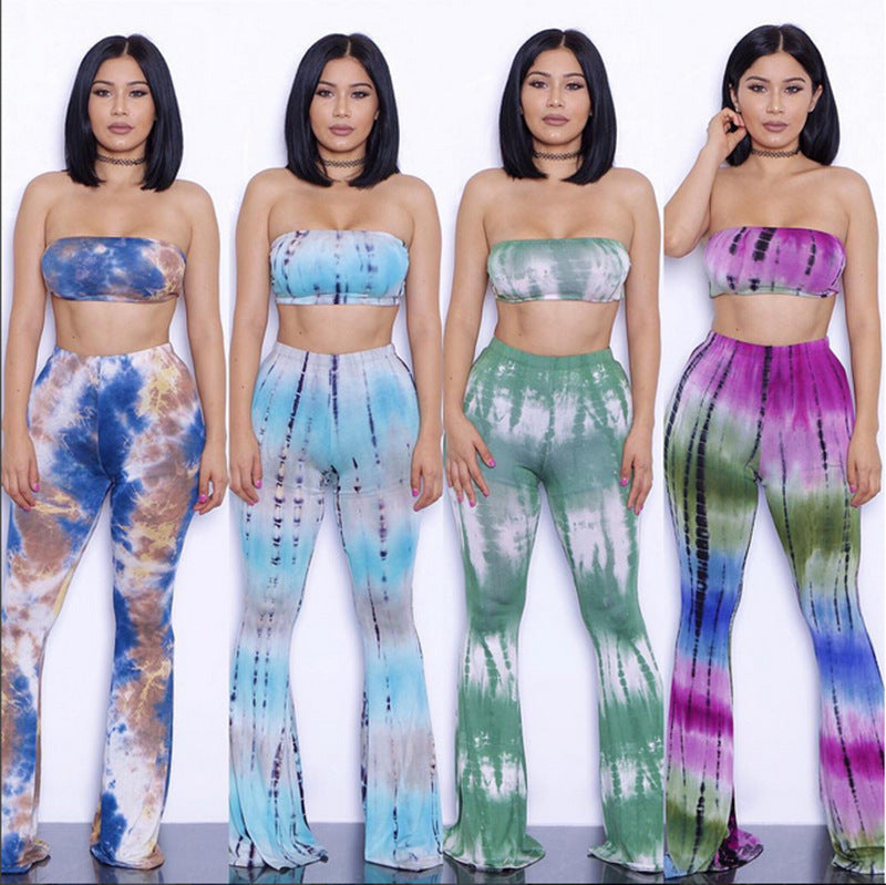 Tie Dye Bandage Tube Top And Flared Leg Pants Two Piece Outfit Sets