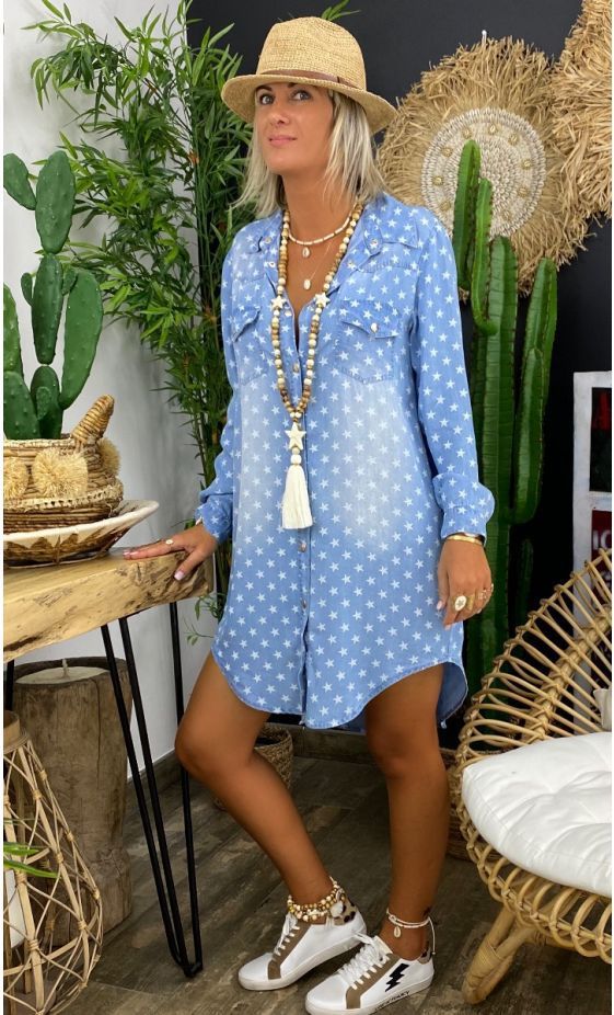 All Over Star Print Faded Denim Shirt Dress