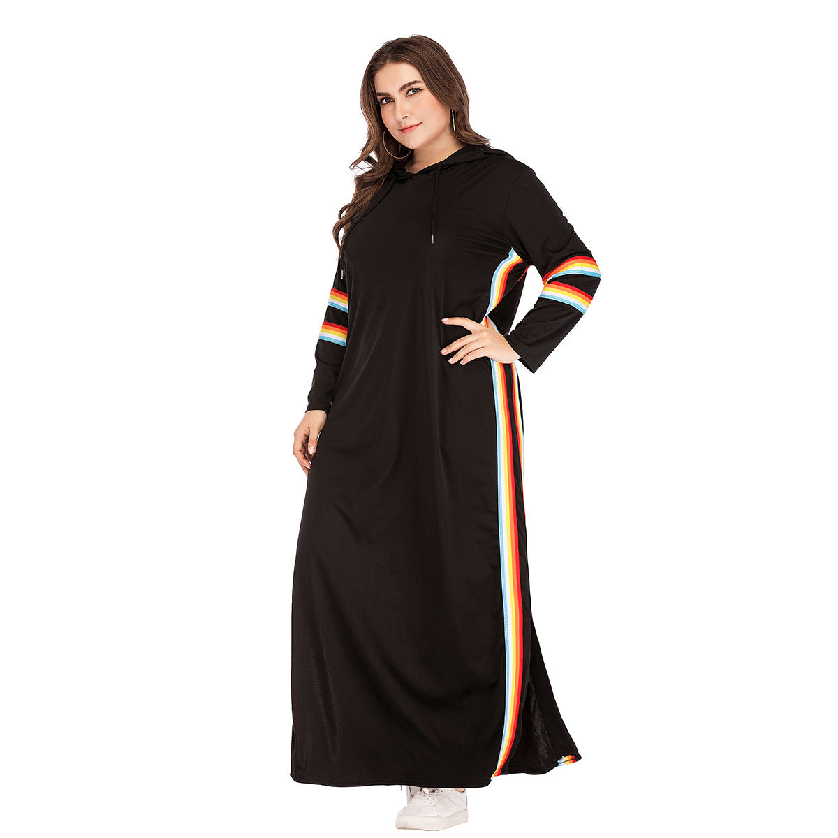 Long Sleeve Rainbow Trim Hoodie Sweatshirt Maxi Dress