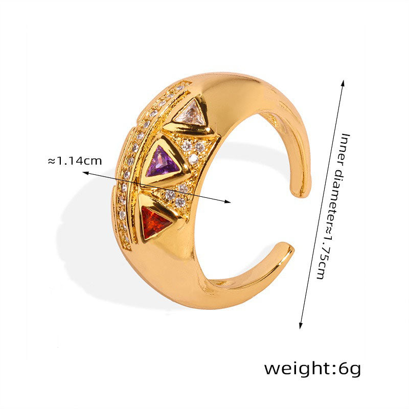 18K gold light luxury retro geometric triangle inlaid zircon open design palace style ring