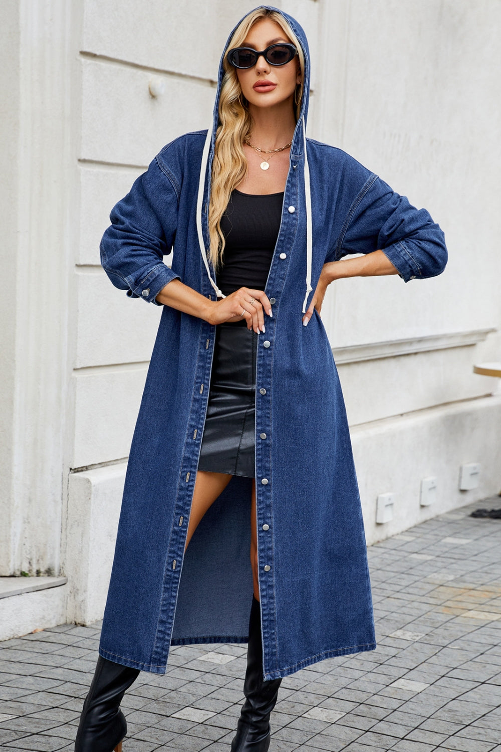 Button Up Long Sleeve Longline Hooded Denim Outerwear