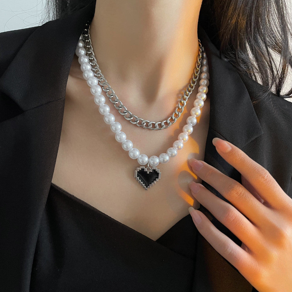 Novel and fashionable double-layer stitching chain with pearl love pendant punk style all-match necklace