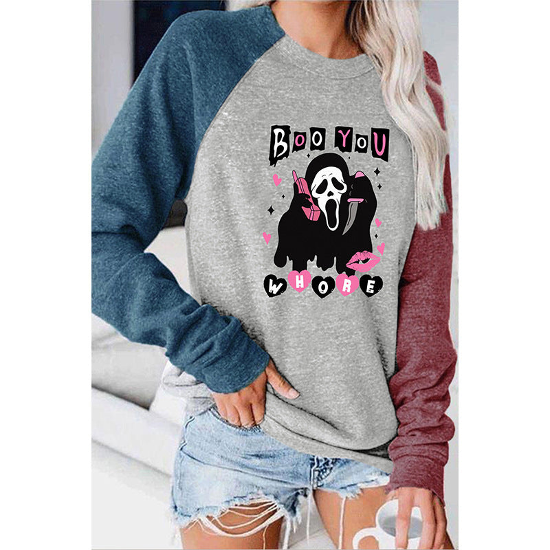 Boo You Horror Round Neck Long Sleeved Graphic Print Tee Shirts