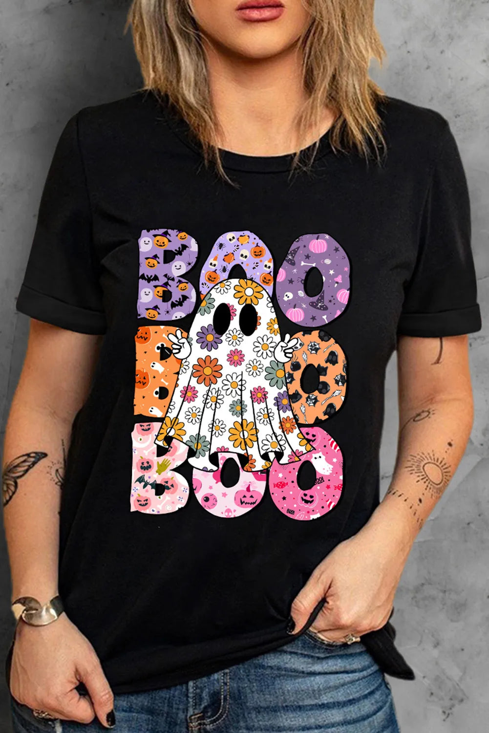 BOO Ghost Graphic Cute Halloween Round Neck Short Sleeve Graphic Print T-Shirt