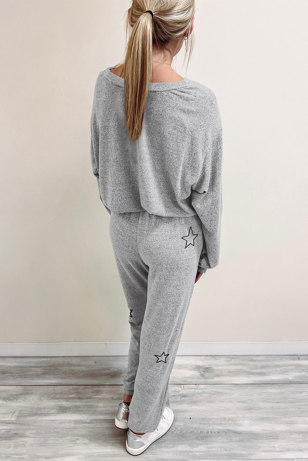 Gray Stars Print Long Sleeve Top and Drawstring Pants Set