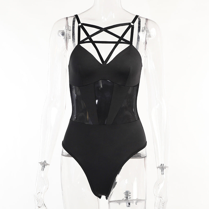 Pentagram Hollow Gothic Mesh See-through Jumpsuit Women