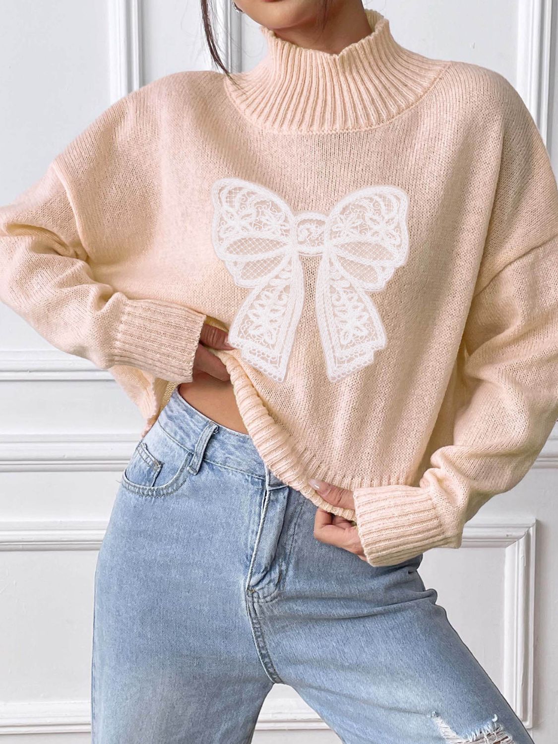 Lace Bow Turtleneck Long Sleeve Sweater