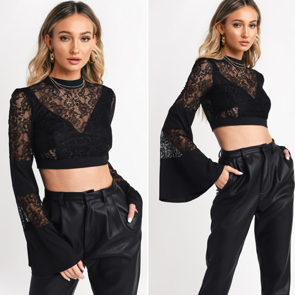 Round Neck Boho Lace Paneled Bell Sleeve Crop Top Festival Fashion