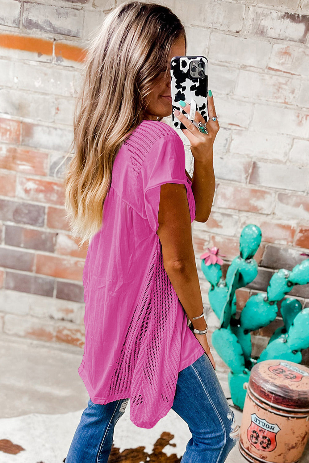 Bright Pink Hollow Knit Splicing Keyhole Back Tunic Top