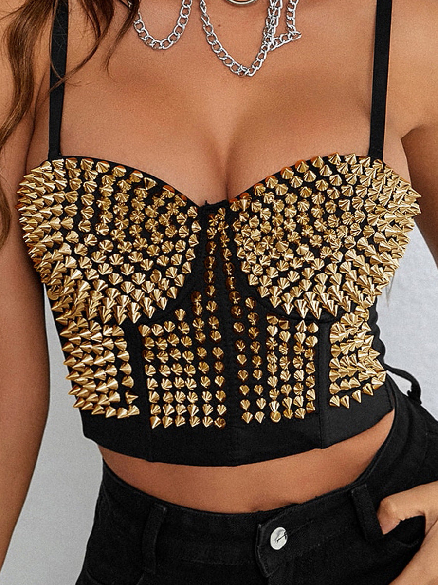 Studded Spaghetti Strap Rhinestone Bustier Style Crop Top Festival Fashion