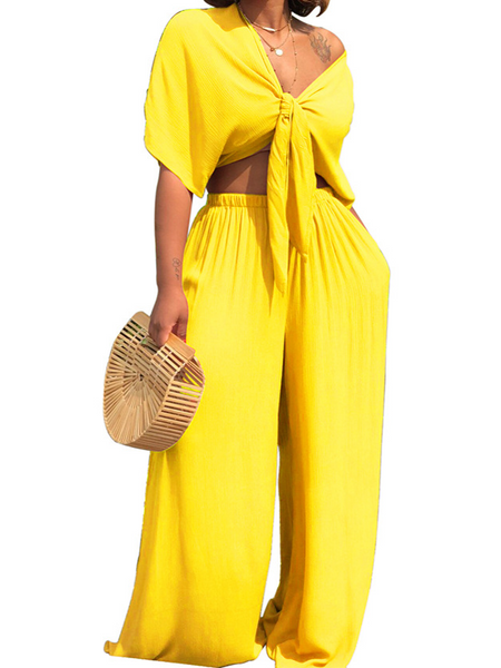 Deep V Neck Top +Wide Leg Trousers Two-piece Set HW5CRDS9CD