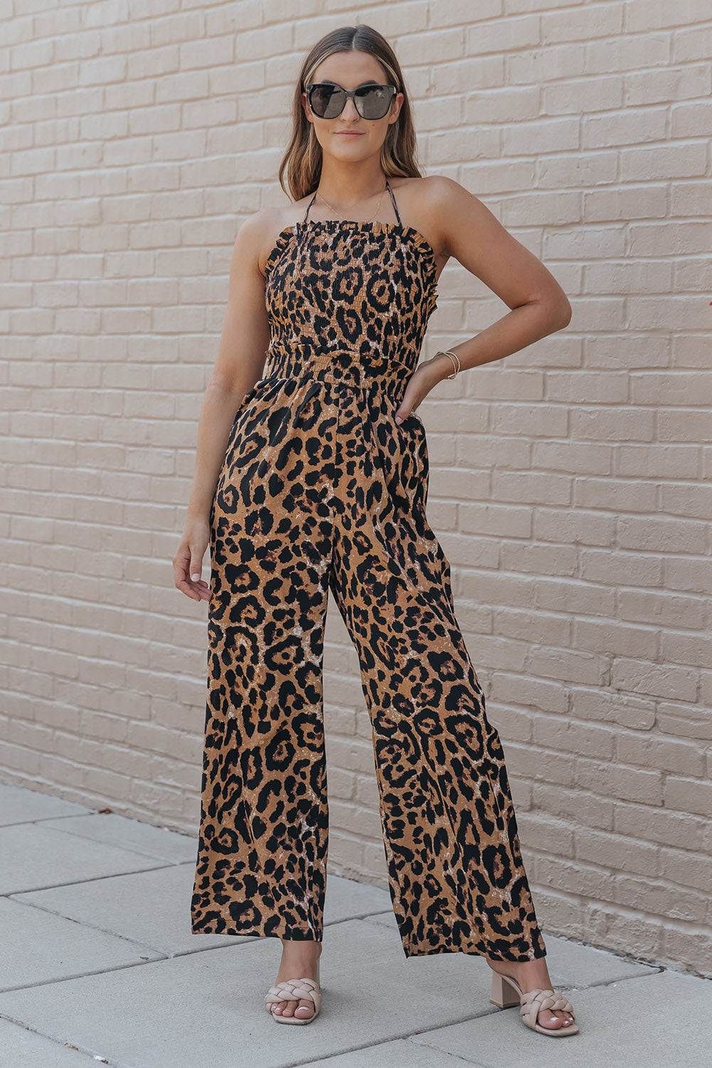 Leopard Print Halter Neck Backless Wide Leg Jumpsuit