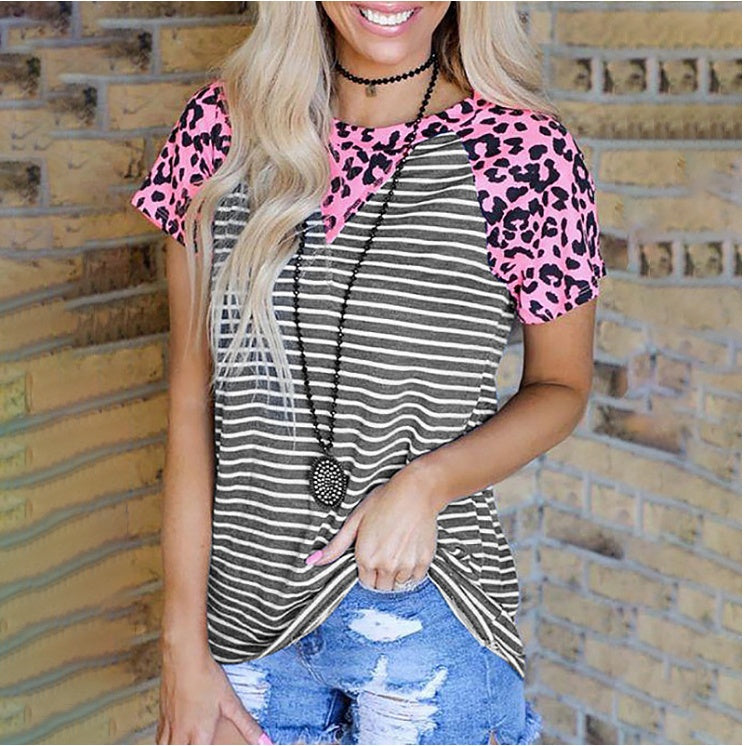 Printed Striped Stitching Short-sleeved Casual Top T-shirt For Women