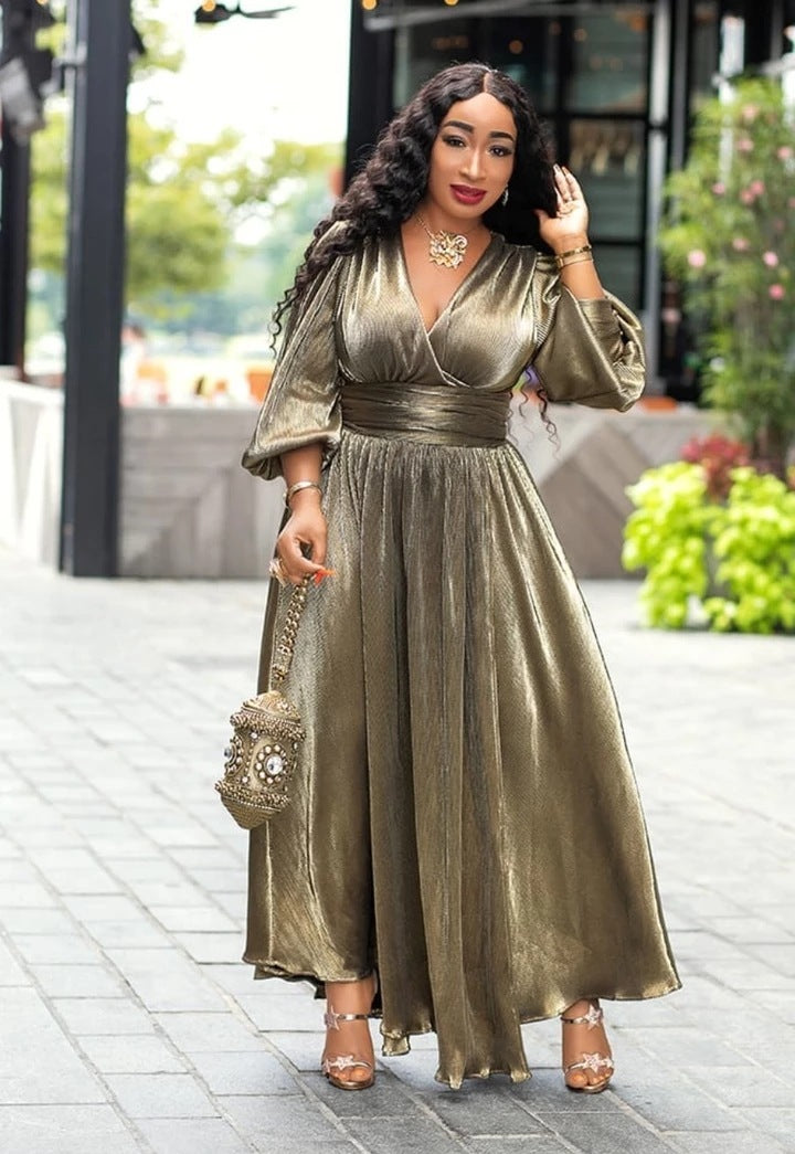 Metallic Lantern Sleeve Sweetheart Long Flowing High Split Maxi Dress Evening Gown or Casual Boho Fashion Dress