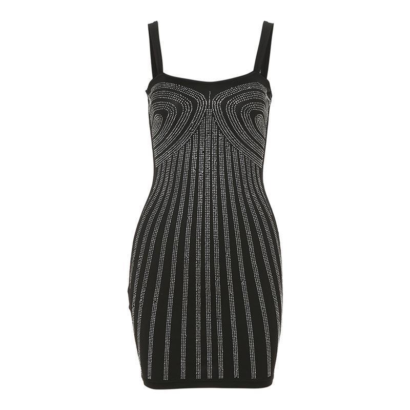 Sexy Strappy Rhinestone Striped Tank Style Nightclub Mini Dress