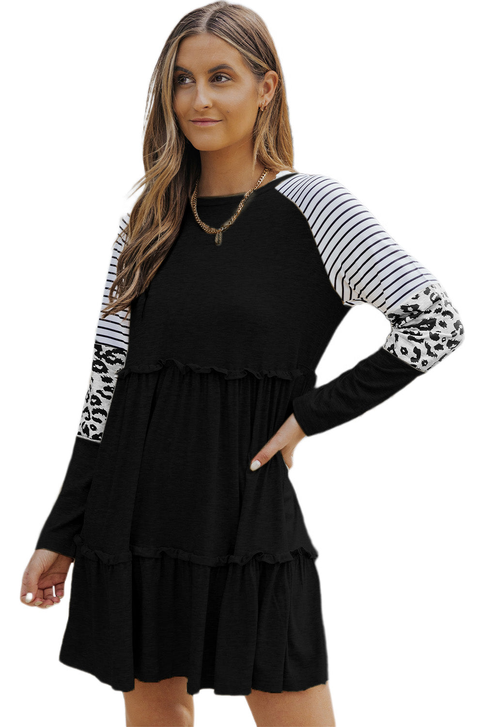 Multicolor Striped Leopard Raglan Sleeve Textured Dress