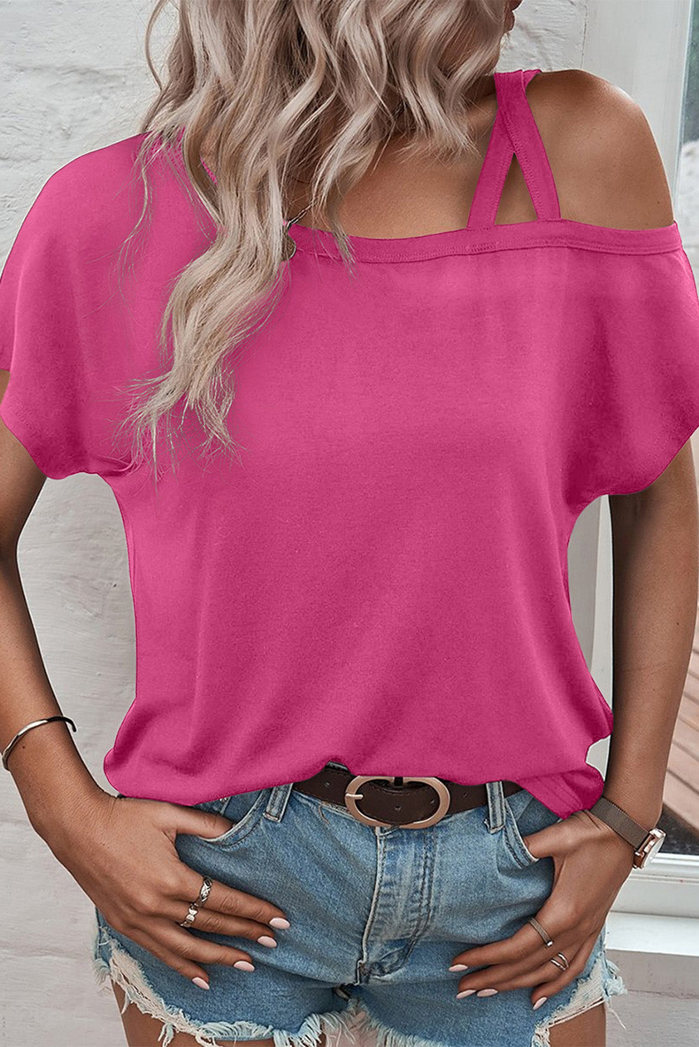 Rose Asymmetric Criss Cross Cold Shoulder T Shirt