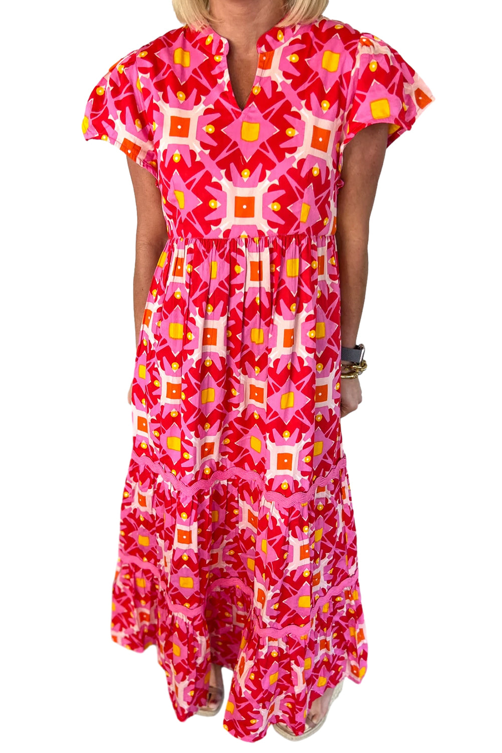 Strawberry Pink Boho Abstract Print Pleated Flounce Sleeve Maxi Dress