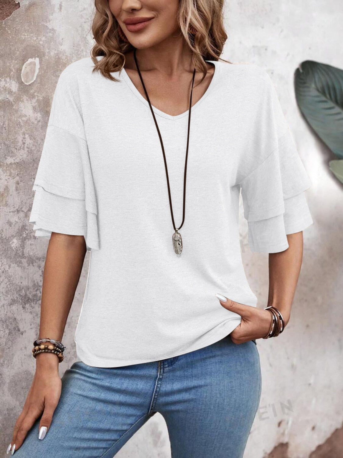 V-Neck Half Sleeve Ruffle Blouse