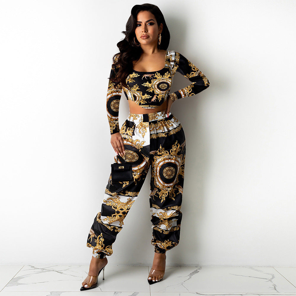 Long Sleeve Square Neck All Over Print Cropped Top And Wide Leg Pants Two Piece Outfit Set