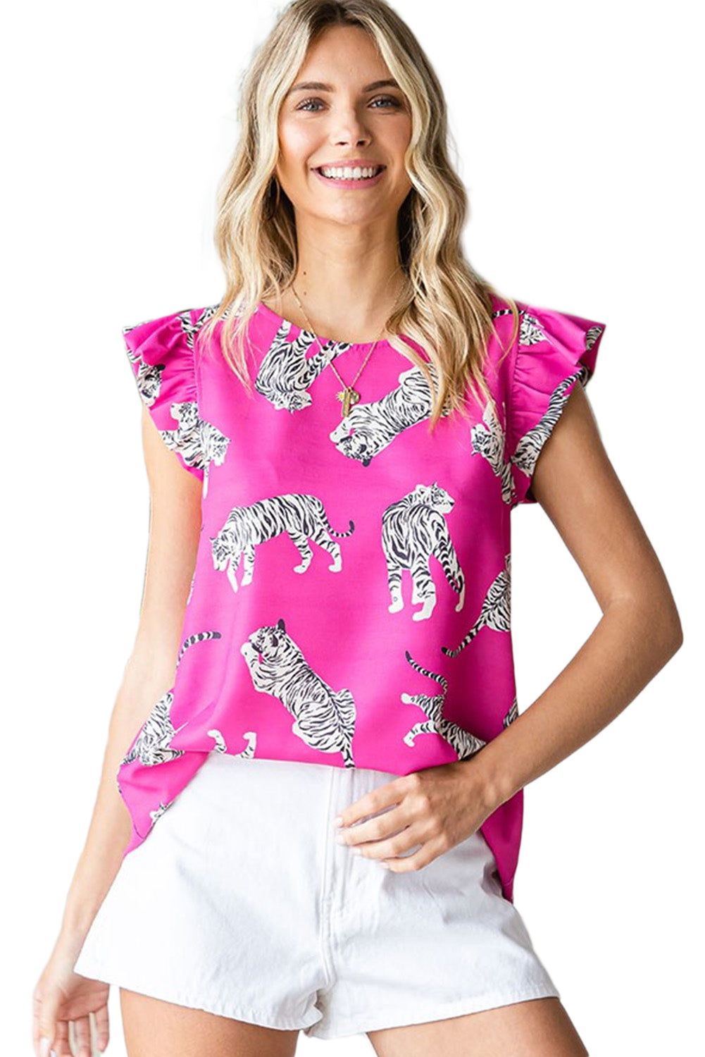 Rose Cheetah Print Ruffle Trim Sleeveless Shirt