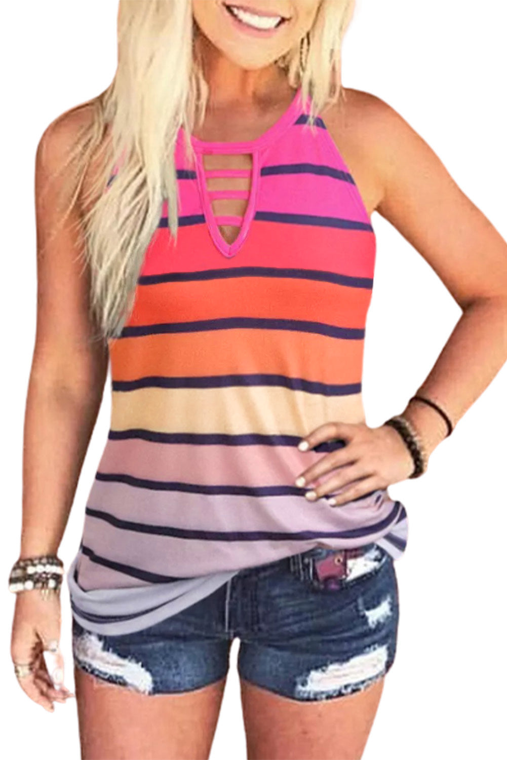 Multicolor Ombre Tie Dye & Striped Print Keyhole Neck Camisole