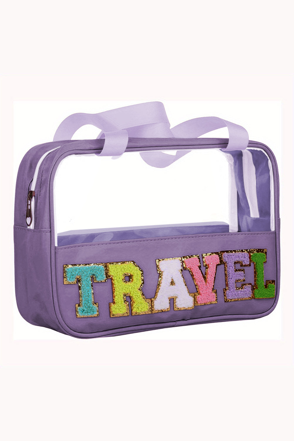 Pink Purple TRAVEL Chenille Letter Clear PVC Makeup Bag