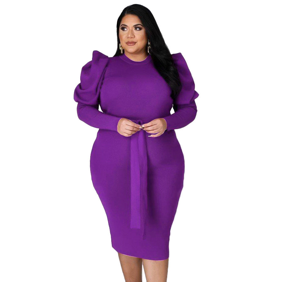 Women's Slim Fit Plus Size Puff Sleeve Tie Waist Midi Length Bodycon Dress