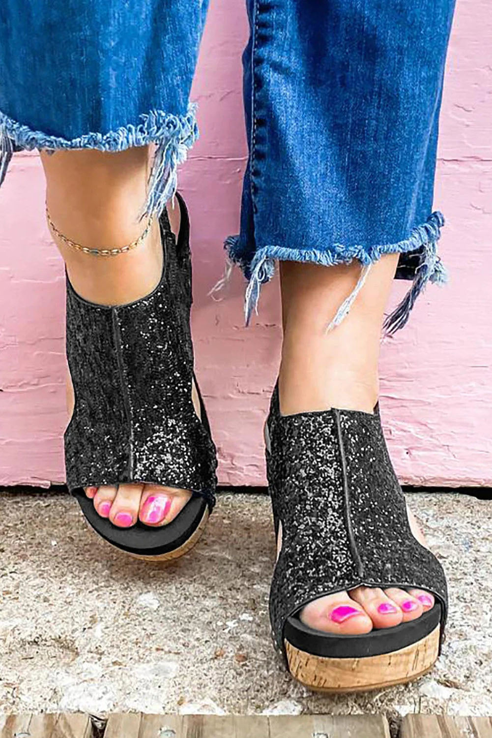 Black Buckle Hollow Out Sequin Wedge Sandals