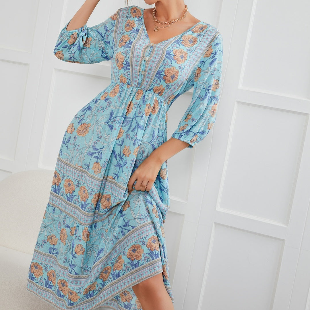 Bohemian V-neck Elastic Waist Three Quarter Sleeve Printed Maxi Dress