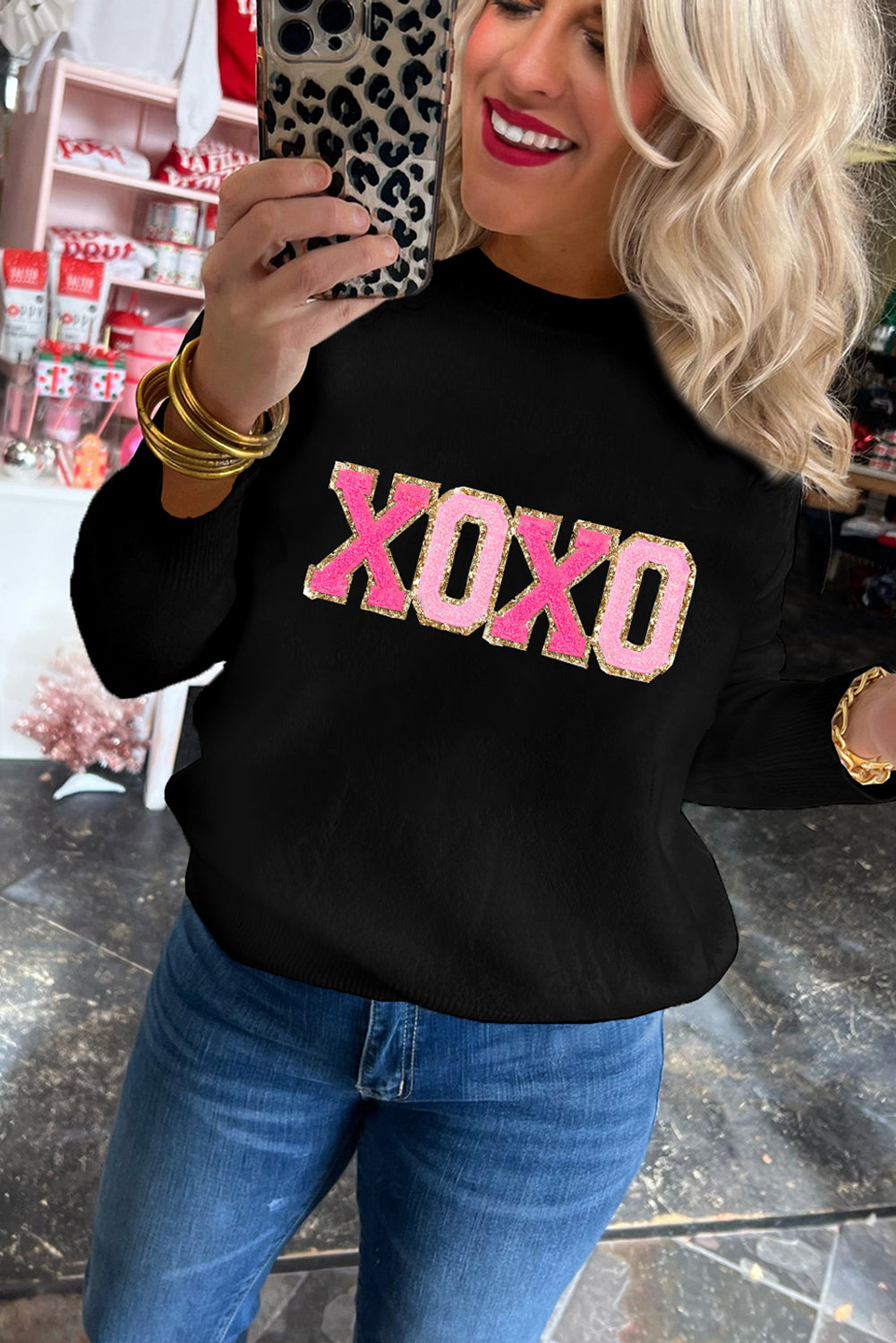 Black Howdy Heart Graphic Round Neck Casual Sweater