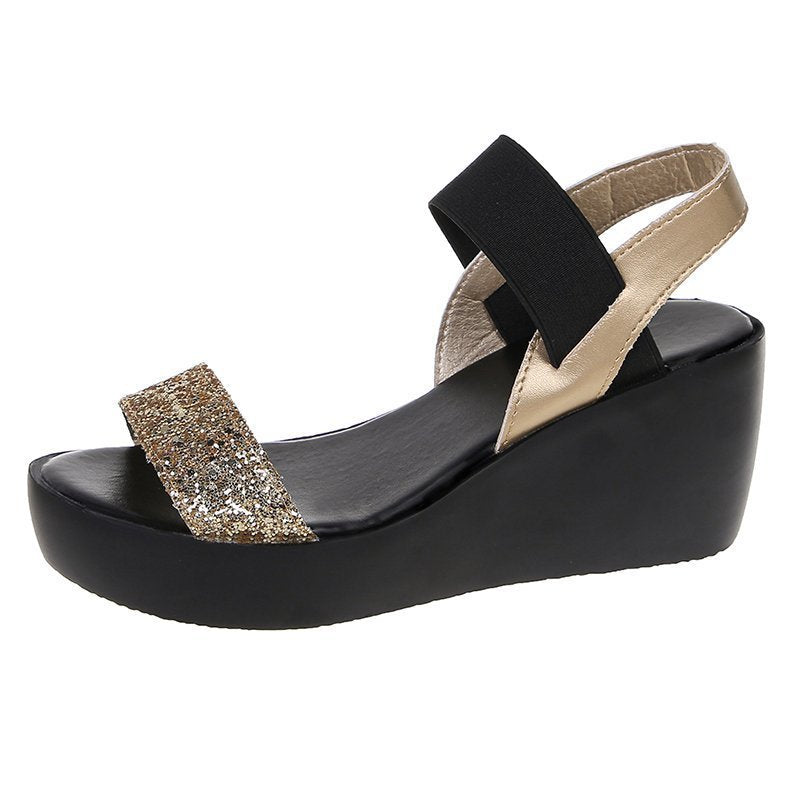 Wedge Heel Mid-Heel Sequined Sandals Women's New Platform Platform Buckle Women's Sandals