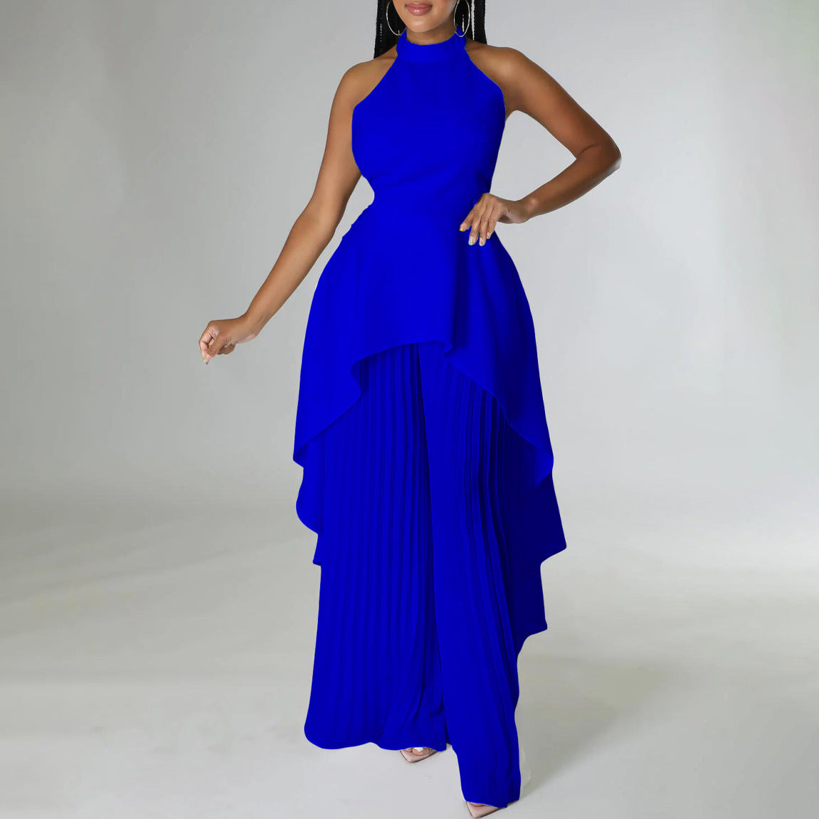 Backless Grecian Neck Long Tail Flowy Top And Pleated Wide-leg Pants Casual Two Piece Sets