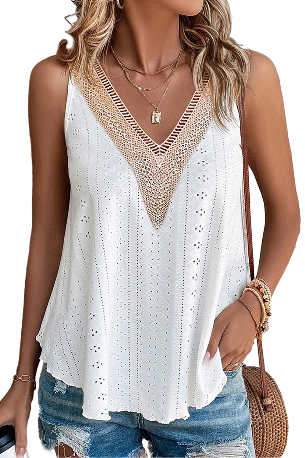 Apricot Pink Lace Crochet Splicing V Neck Loose Fit Tank Top