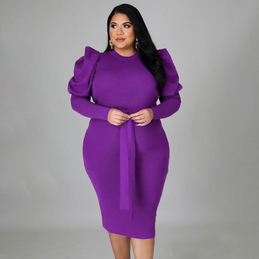 Women's Slim Fit Plus Size Puff Sleeve Tie Waist Midi Length Bodycon Dress