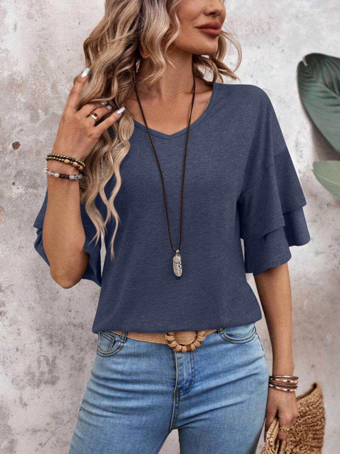 V-Neck Half Sleeve Ruffle Blouse