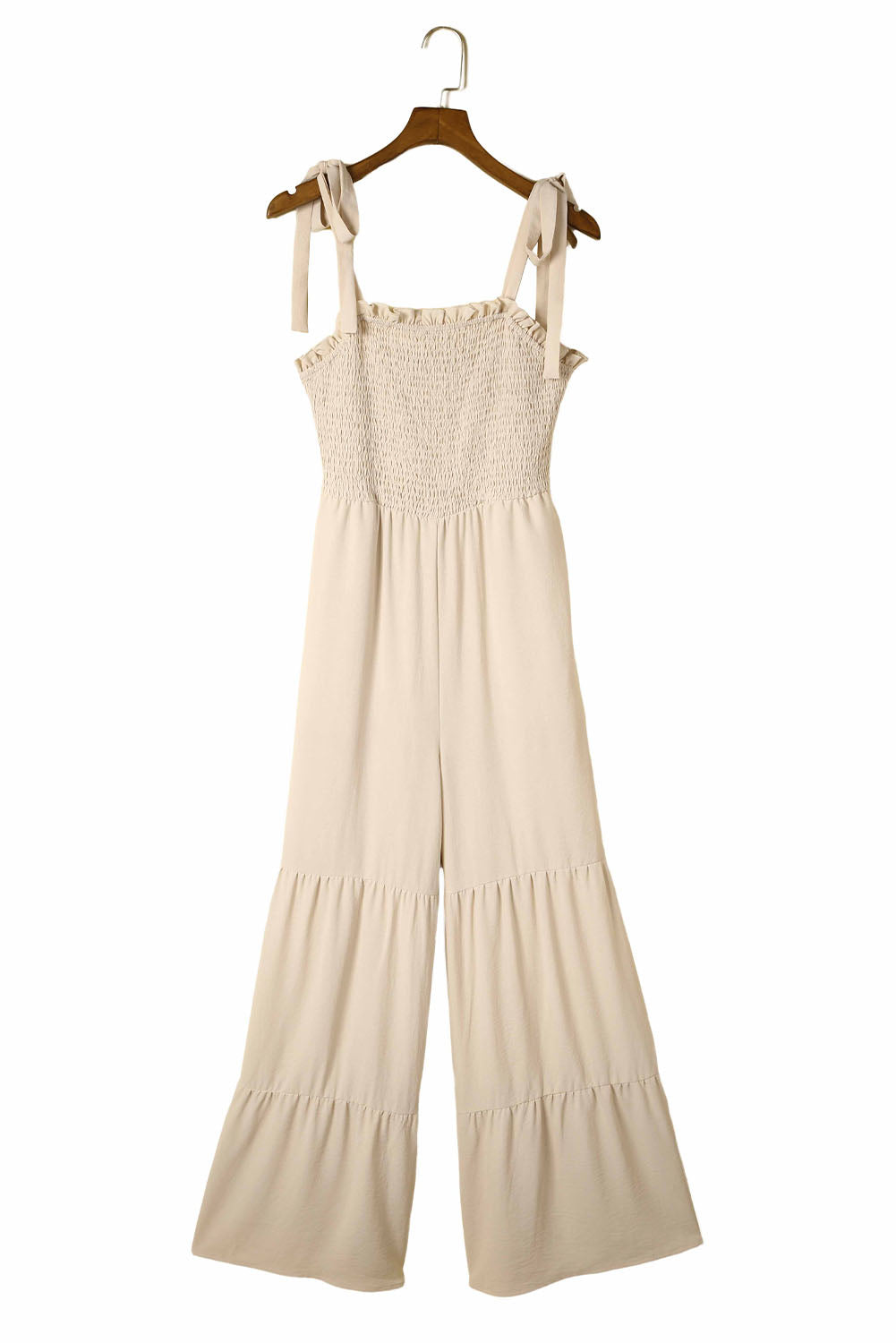 Apricot Tie Straps Shirred Casual Tiered Wide Leg Jumpsuit