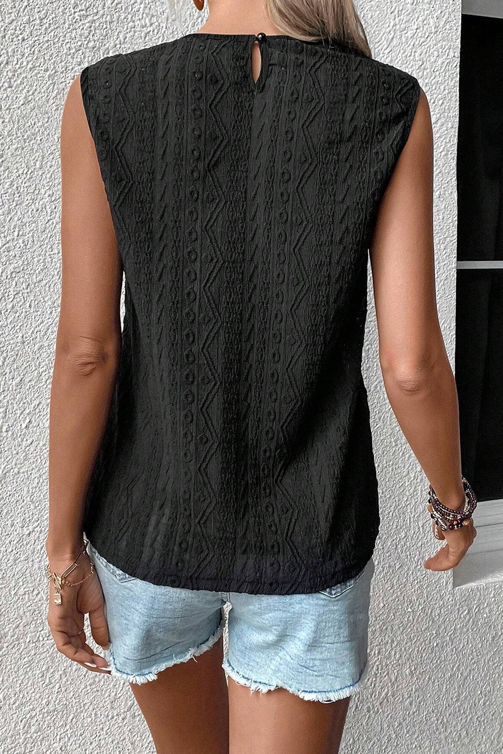 Black Guipure Lace Crochet Keyhole Back Sleeveless Top