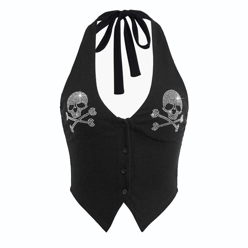 Skull Rhinestone Detail Street Fashion Hot Girl Slim Fit Women's Halter Vest Style Crop Top