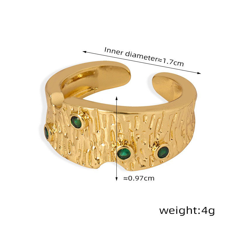 18K gold trendy and personalized irregular-shaped open ring with geometric bark pattern design