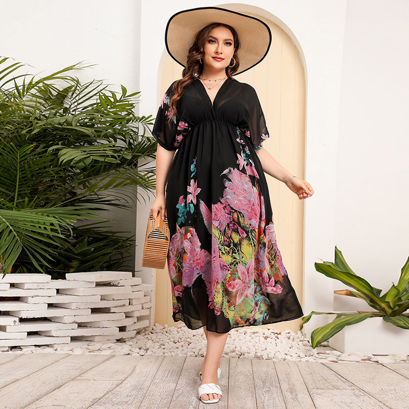 Bohemian Black Floral Bottom Print Chiffon V Print Short Sleeve Maxi Dress