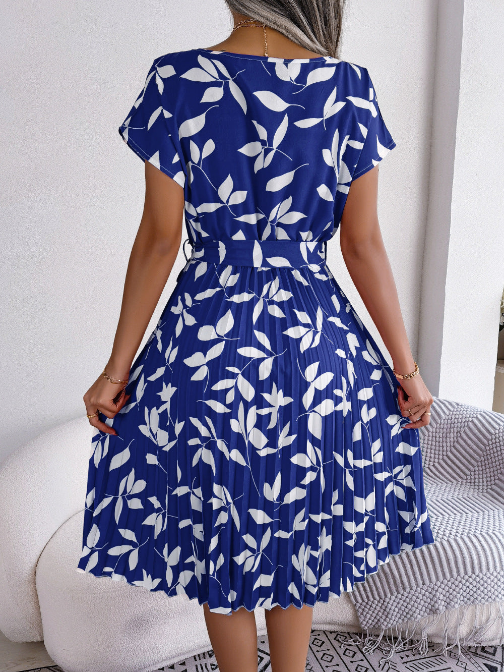 Leaf Print Boho Swing Tie Waste Dress