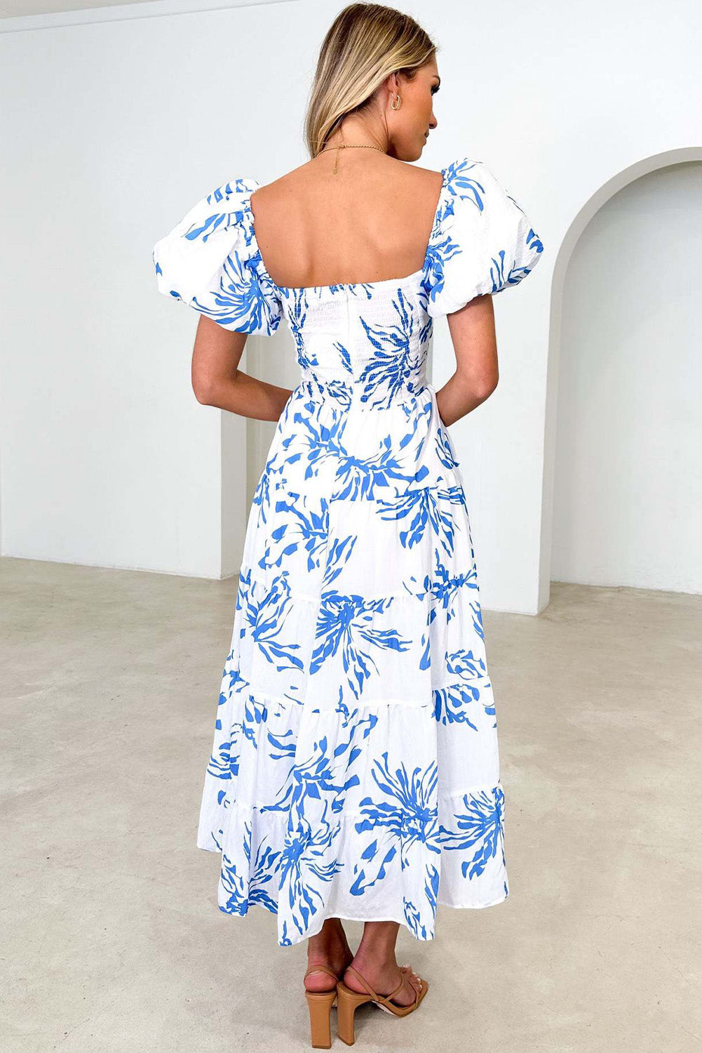 White And Blue Boho Floral Print Bubble Sleeve Maxi Dress